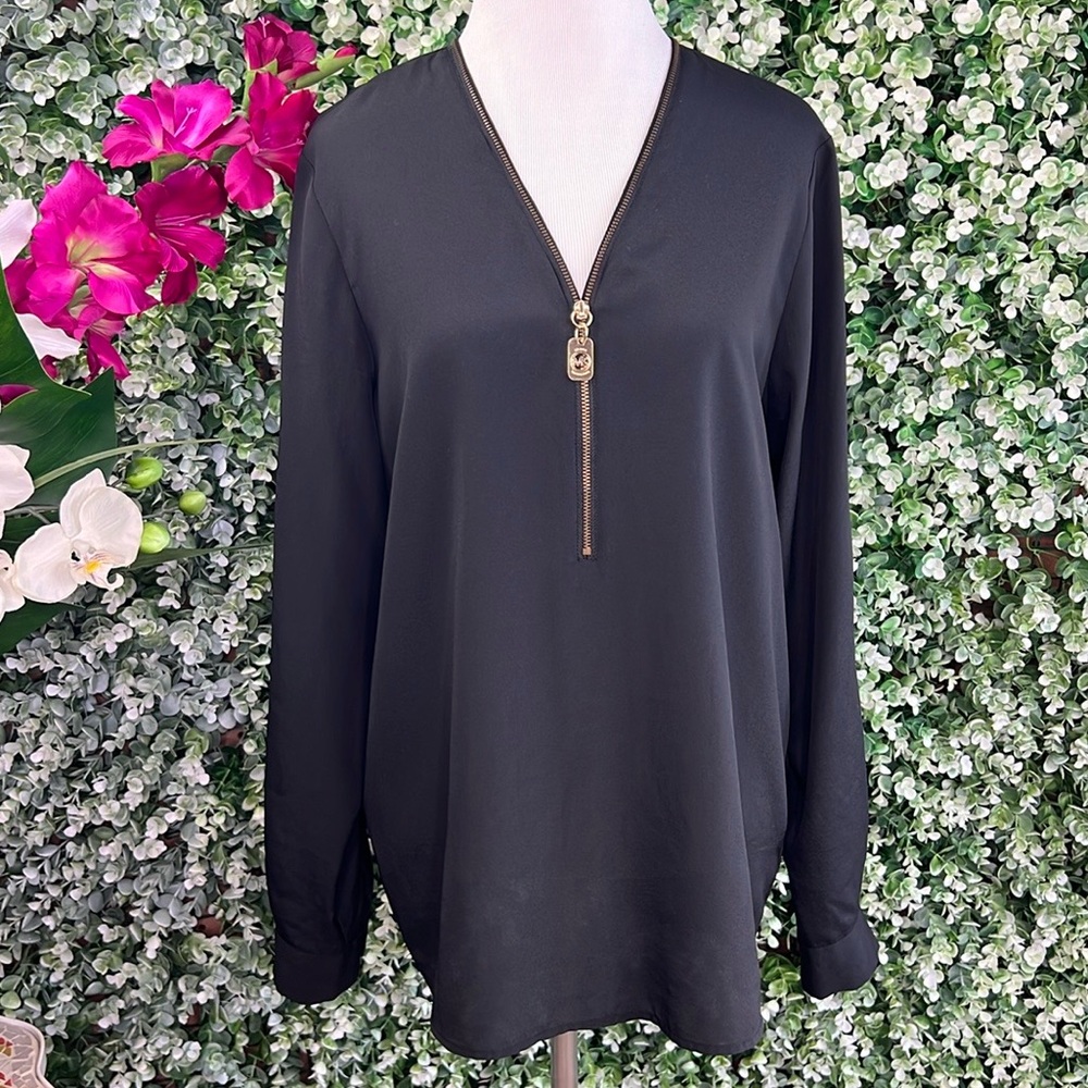 Michael Kors Zip Front V-Neck Black Long Sleeve Roll Tab Tunic Top